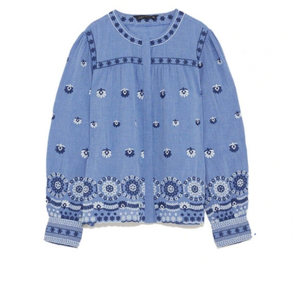Zara Embroidered Long Sleeve Blouse XS